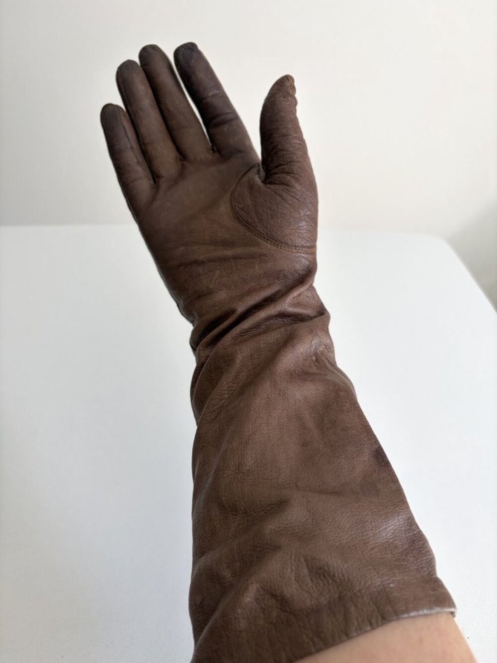 Vintage 1960s Ladylike Brown Leather Silk Lined Long Gloves France S